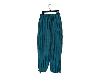 Colorful Striped Harem Pants Drawstring Waist Legs Vintage Cargo Pockets Blue Yellow Green Size Medium