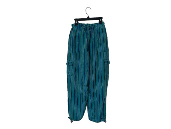 Colorful Striped Harem Pants Drawstring Waist Legs Vintage Cargo Pockets Blue Yellow Green Size Medium