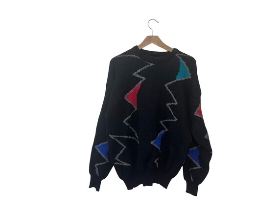 90s Abstract Print Sweater Farentino Pure Wool Black Red Blue ZigZag Pattern Size Large - with damage