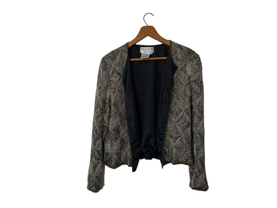 Vintage Papell Boutique Black Gold Silver Ornamental Silk Evening Jacket Lightweight Blazer Women's Medium