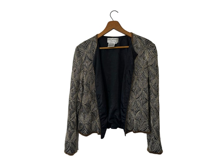 Vintage Papell Boutique Black Gold Silver Ornamental Silk Evening Jacket Lightweight Blazer Women's Medium