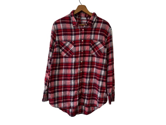 Women's Red & White Boyfriend Fit Oversized Flannel Shirt Size Large