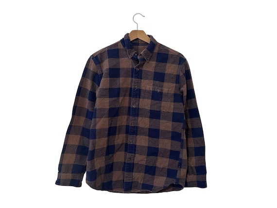 Buffalo Plaid Flannel with Suede Elbow Patches Brown Navy Blue Thick Cotton Mens Size Small