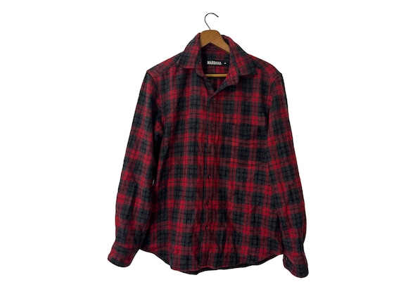Vintage Wool Flannel Red Gray Black Plaid Button Down Long Sleeve Single Pocket Men's Small