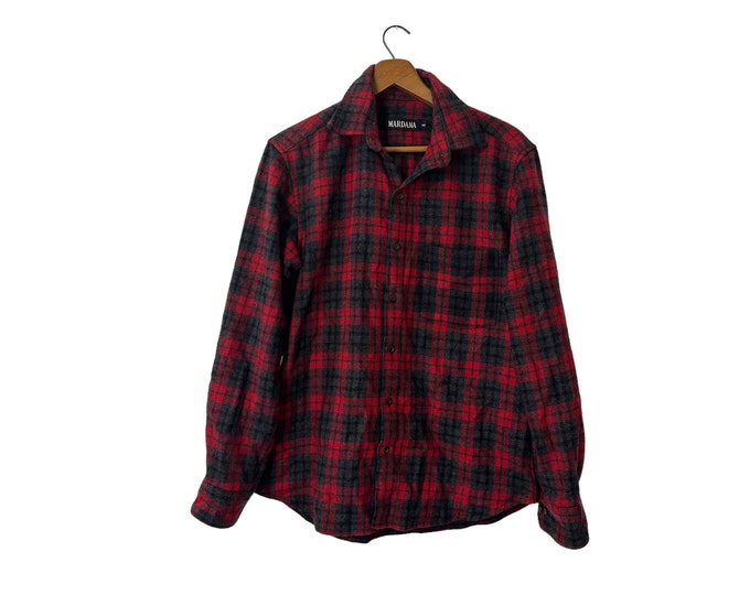 Vintage Wool Flannel Red Gray Black Plaid Button Down Long Sleeve Single Pocket Men's Small