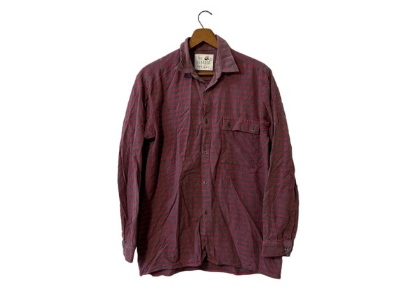 Striped Red and Gray Flannel Shirt Longsleeve Button Front with Pocket Men's Small