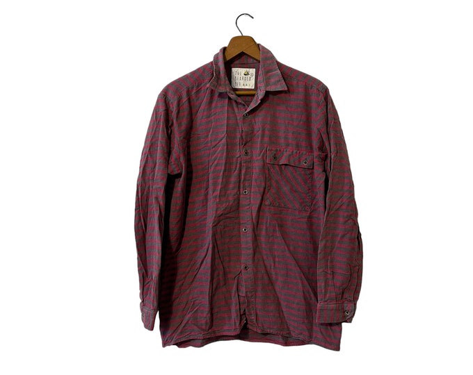 Striped Red and Gray Flannel Shirt Longsleeve Button Front with Pocket Men's Small