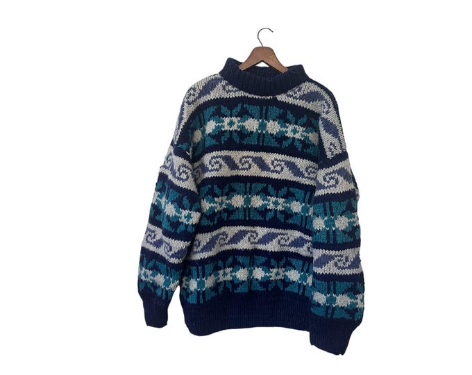 Heavy Wool Thick Knit South American Ecuador Sweater Tribal Aztec Pattern Navy Blue Teal White Winter Sweater Size XL