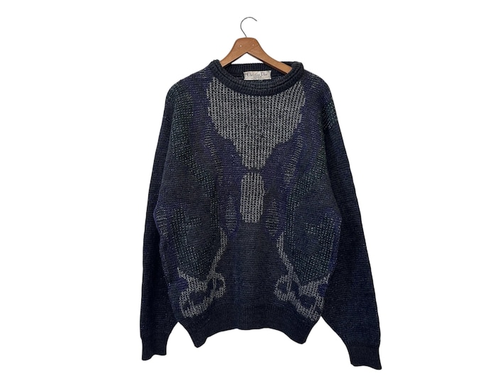 90s Christian Dior Designer Vintage Mens Sweater Monsieur Wool Blend 90s Pattern Pullover Size 50 XL