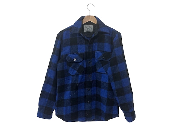 Blue Black Buffalo Plaid Vintage Wool Blend Flannel Shirt Thick CPO Style Mens Size Small