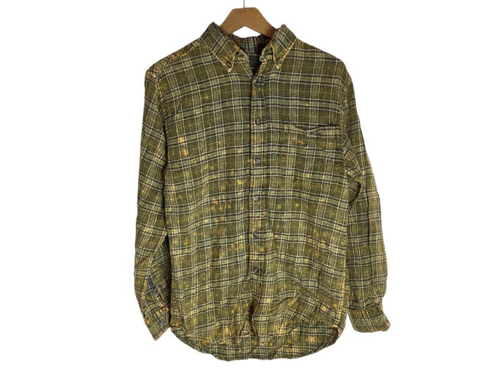Grunge Faded Acid Washed Flannel Shirt Mineral Wash Gold Olive Plaid Unisex Adult Size Small