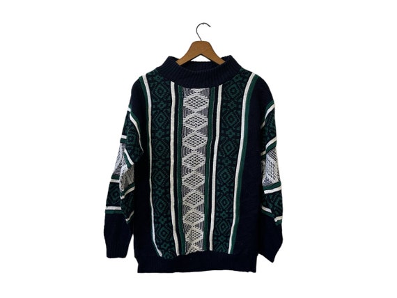 90s Vintage Vertical Striped Southwestern Aztex Print Knit Sweater Navy Green White Pullover Sweater Women's Medium