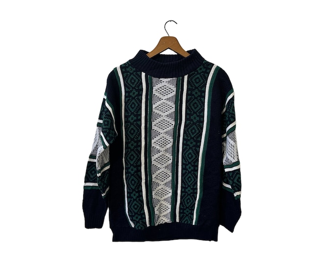 90s Vintage Vertical Striped Southwestern Aztex Print Knit Sweater Navy Green White Pullover Sweater Women's Medium