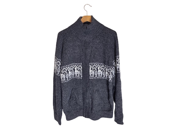 Alpaca Patterned Collared Zip Up Sweater Gray Whi… - image 1