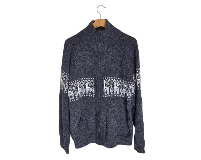 Alpaca Patterned Collared Zip Up Sweater Gray White Alpaca Wool with Pockets Size Medium