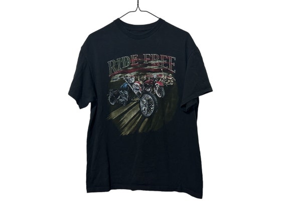 Vintage Motorcycle T-shirt Ride Free Black Tee American Flag & Bikes Size Large