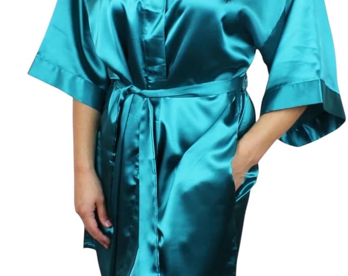 Teal Satin Kimono Robes for Bridesmaids, Getting Ready, Bridal, HMUA, Bridal Party Gift