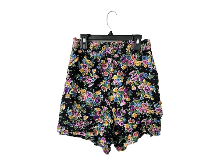 Women's Flower Garden Floral Print Flowey Casual Shorts Black Multicolor Pockets Rayon Elastic Waist Size Medium