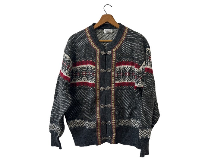 Vintage Winter Fair Isle Snowflake Cardigan Sweater with Metal Clasps Willi Smith Collection Wool Gray Red White Womens Large With Damage