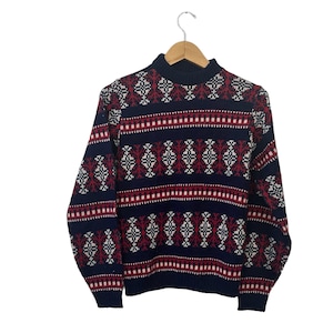 1980s Vintage Red White Blue Patriotic American Fair Isle Pullover Sweater Longsleeve Made in USA Women&#39;s Small Medium