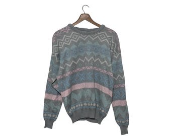 Vintage Pastell Pullover Fair Isle Grau Rosa Blau Grün Weiß Winter Acryl Pullover Size Medium