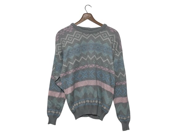 Vintage Pastel Sweater Fair Isle Gray Pink Blue Green White Winter Acrylic 90s Pullover Size Medium