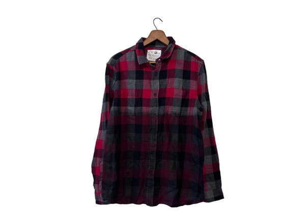 Black Dipped Flannel Shirt Red Gray Black Buffalo Plaid Grunge Style Shirt Size Small