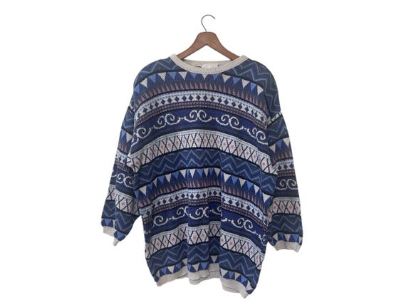 Womens 80s 90s Whimsical Patterned Sweater Blue White Pink Cotton Image Size 1X