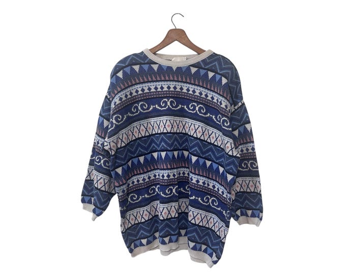 Womens 80s 90s Whimsical Patterned Sweater Blue White Pink Cotton Image Size 1X