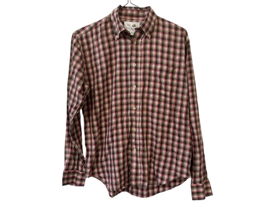 Vintage Gingham Pink Brown Plaid Button Down Men's Casual Dress Shirt