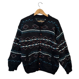 Vintage Via Apia Wool Blend Abstract Pattern Grandpa Cardigan Black Teal Red White Lined Button Front Pockets Long Sleeve Mens Medium