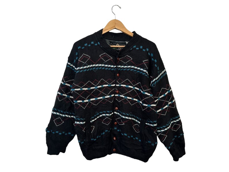 Vintage Via Apia Wool Blend Abstract Pattern Grandpa Cardigan Black Teal Red White Lined Button Front Pockets Long Sleeve Mens Medium