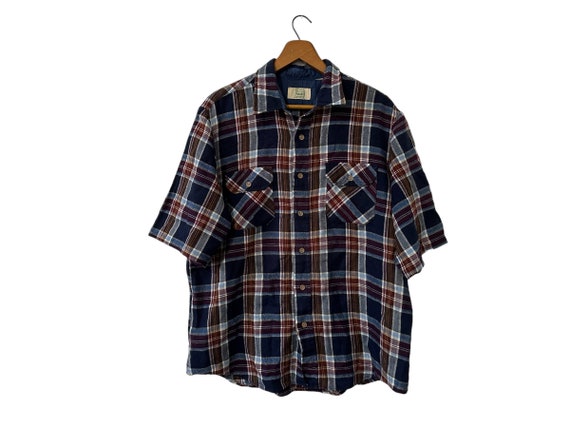 80's Sears Vintage Flannel Short Sleeve Acrylic Shirt with Pockets Blue Brown Burgundy White Plaid Men's Large