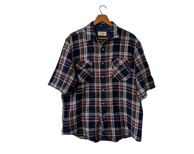 80's Sears Vintage Flannel Short Sleeve Acrylic Shirt with Pockets Blue Brown Burgundy White Plaid Men's Large
