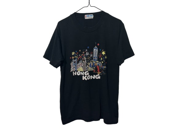 Vintage Hong Kong City Skyline with Fireworks Black Cotton T-shirt Size Medium