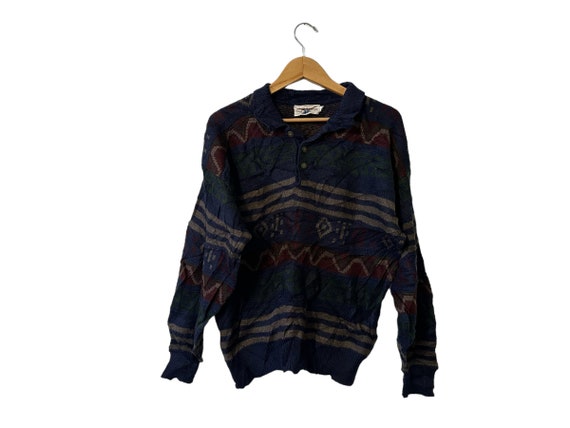 Button Collared 80's Sweater Placket Dark Neutral Fair Isle Sweater Long Sleeve Navy Maroon Brown Men's X-Large XL