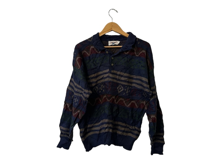 Button Collared 80's Sweater Placket Dark Neutral Fair Isle Sweater Long Sleeve Navy Maroon Brown Men's X-Large XL