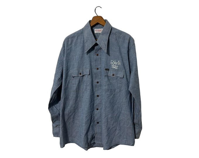 Vintage Polaris Deluxe Shirt Wrangler Hammered Snap Buttons with Graphic Long Sleeve & Pockets Blue Made in USA Men's Size XL