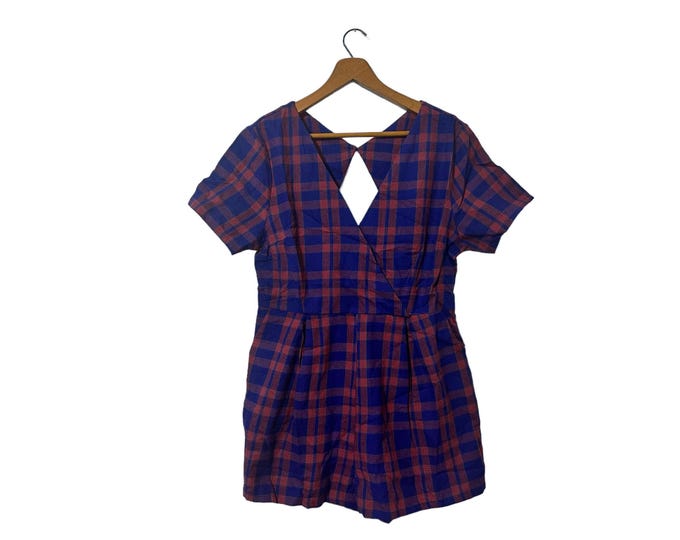 Cute Plaid Diamond Back Romper with Short Sleeves Navy Blue Red Pleated V-Neck Jumper Womens Large