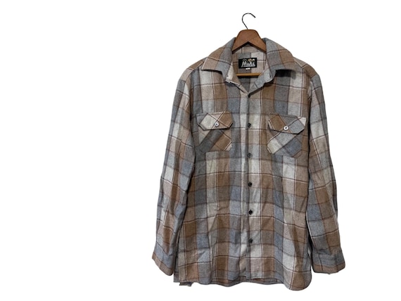 70s Vintage Wool Flannel Shirt Beige Grey White Plaid Long Sleeve Moac Men's Size Small