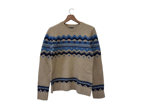 Fair Isle Abercrombie & Fitch Beige Blue Wool Winter Sweater Womens Small
