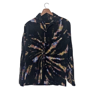 Black Tie Dye Vintage Flannel Grunge Rock n Roll Rafshion Clothing Long Sleeve Shirt Small