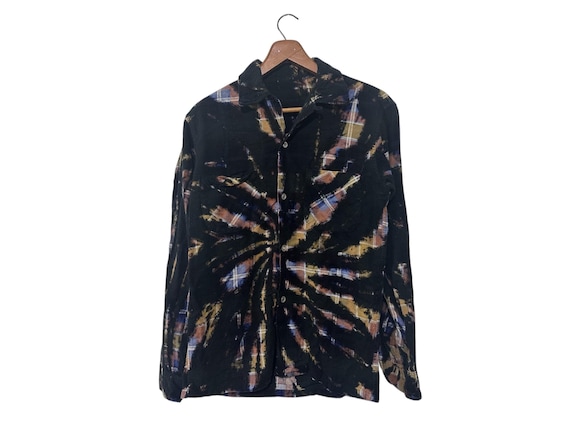 Black Tie Dye Vintage Flannel Grunge Rock n Roll Rafshion Clothing Long Sleeve Shirt Small