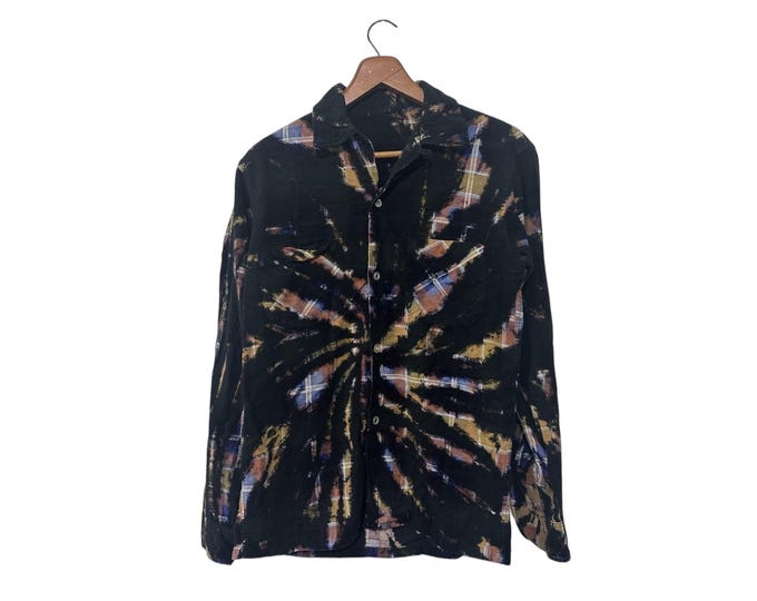 Black Tie Dye Vintage Flannel Grunge Rock n Roll Rafshion Clothing Long Sleeve Shirt Small