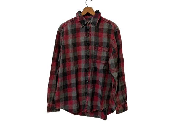 Grunge Acid Washed Buffalo Checkered Plaid Flannel Button Down Shirt Red Gray Black Long Sleeve Chest Pocket Size Large