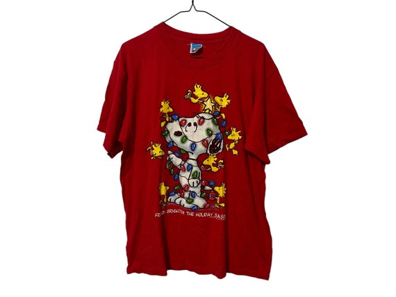 Christmas Snoopy Vintage Peanuts Cartoon Characters Woodstock Christmas Lights T-shirt Red Shirt Size Large