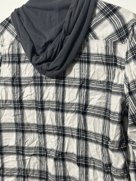 Hooded Flannel Shirt Black + White Plaid Flannel … - image 4