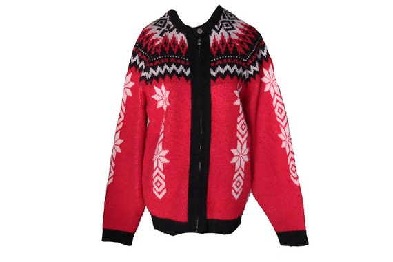 1960's Fair Isle Zip Up Sweater Red Black Snowflake Pattern Womens Size Medium