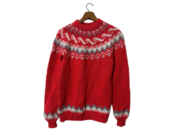 Handmade by Betty A. Walls Vintage Fair Isle Knit Wool Blend Pullover Sweater Soft Feel Pink Gray and White 80's 90's Style Women's Medium