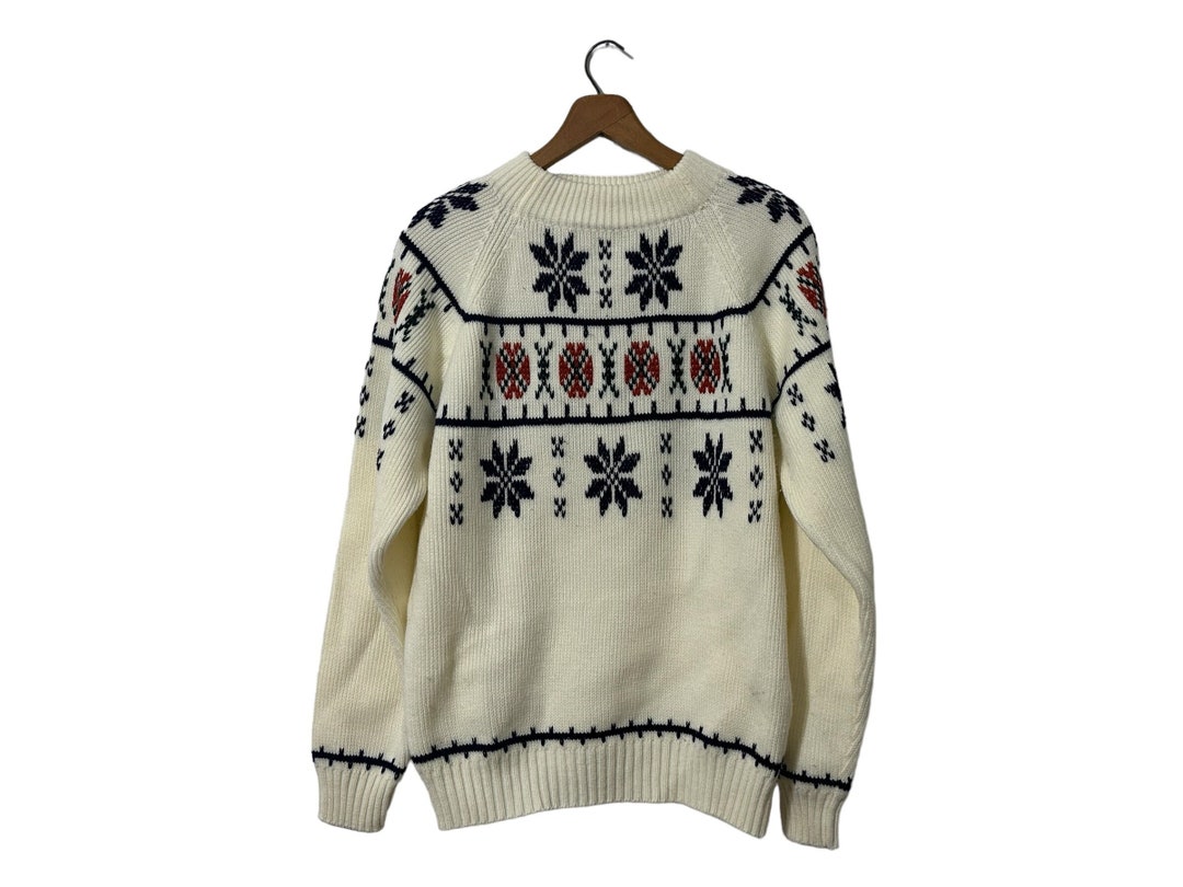 Pull Vintage JC Penny Années 70 - Taille Youth L, Motif Nautique/science-fiction, Acrylique Rouge